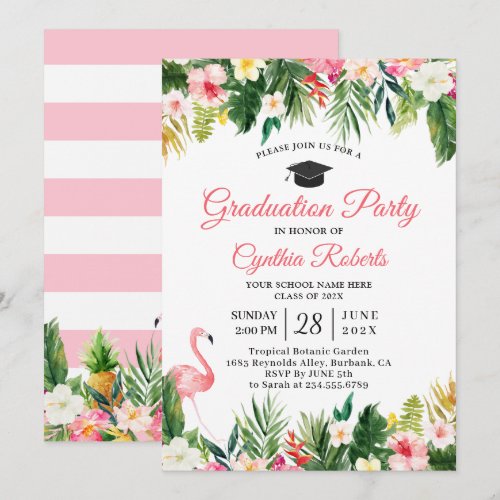 Flamingo Tropical Leaves Floral Graduation Party