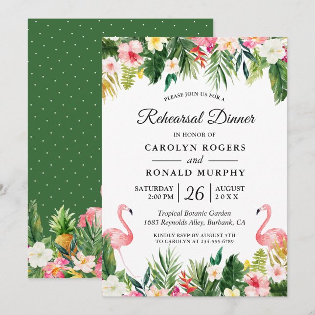 Flamingo Tropical Leaves Floral Rehearsal Dinner Invitation (Front/Back)