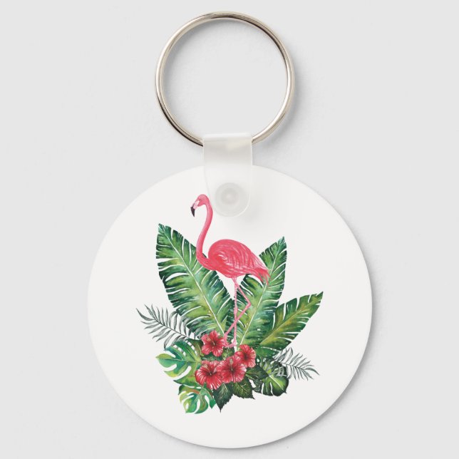 Flamingo tropical leaves keychain (Front)