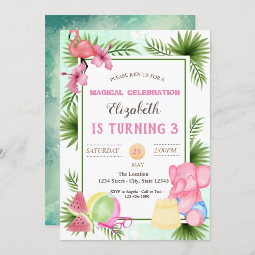 FlamingoTropical Leaves Summer Birthday Invitation