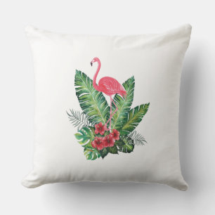 Flamingo tropical leaves throw pillow