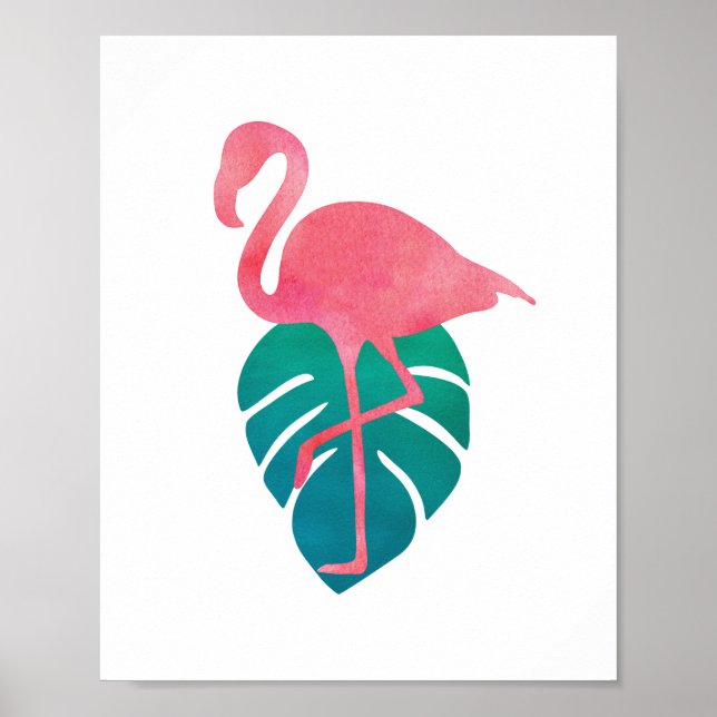 Flamingo Tropical Leaves Watercolor Art Poster (Front)