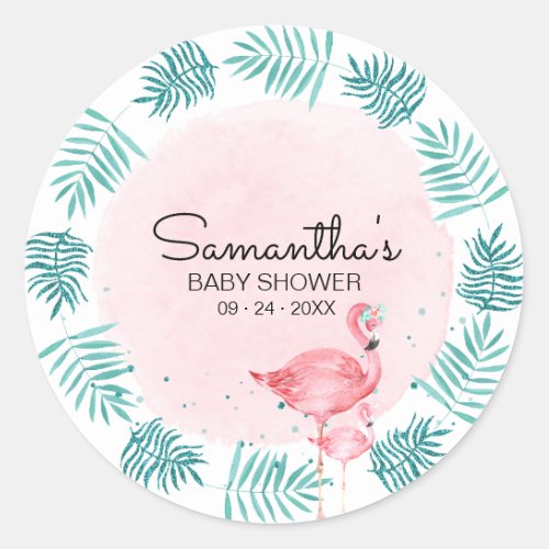 Flamingo  Tropical Leaves Watercolor Baby Shower Classic Round Sticker