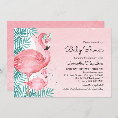 Flamingo  Tropical Leaves Watercolor Baby Shower Invitation