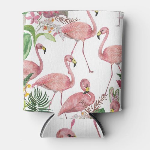Flamingo Tropical Leaves Watercolor Pattern Can Cooler