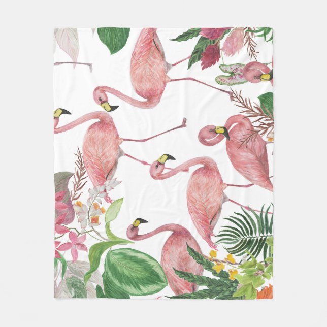 Flamingo Tropical Leaves Watercolor Pattern Fleece Blanket (Front)