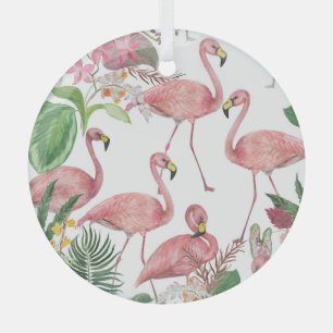 Flamingo Tropical Leaves Watercolor Pattern Glass Ornament
