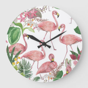 Flamingo Tropical Leaves Watercolor Pattern Large Clock