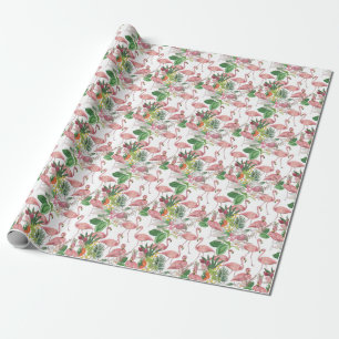 Flamingo Tropical Leaves Watercolor Pattern Wrapping Paper