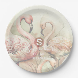 Flamingo Tropical Monogram Bridal Shower Wedding Paper Plates