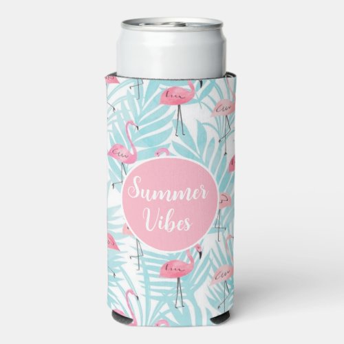 Flamingo Tropical Palm Leaf Summer Pool Party Seltzer Can Cooler