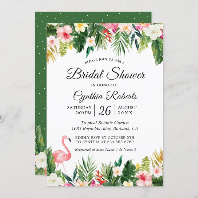 Flamingo Tropical Palm Leaves Floral Bridal Shower Invitation (Front/Back)
