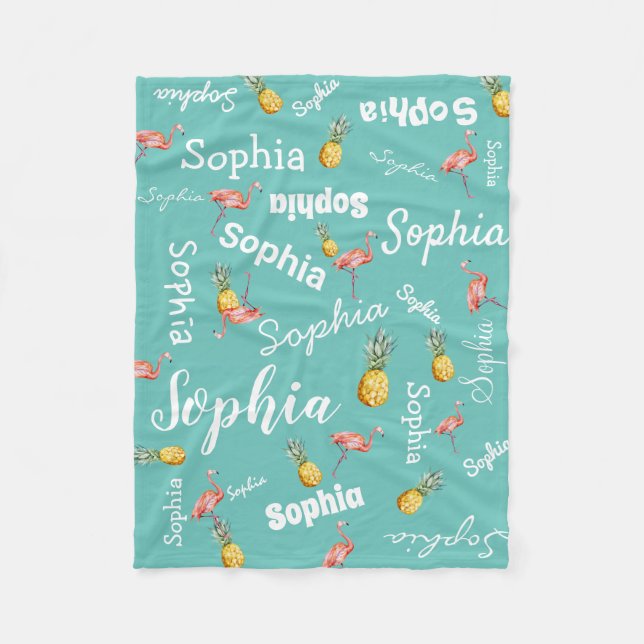 Flamingo Tropical Pineapple Girl Name Personalized Fleece Blanket (Front)