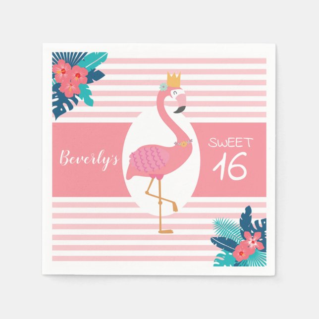 Flamingo tropical pink and blue floral 16th napkins (Front)