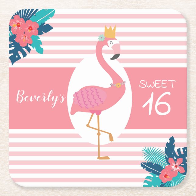 Flamingo tropical pink and blue floral 16th square paper coaster (Front)