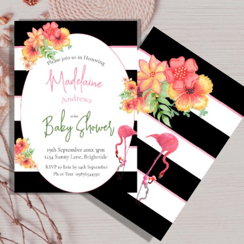 Flamingo Tropical  Pink Black Stripe Baby Shower Invitation