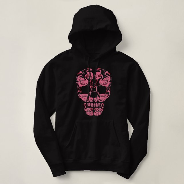 Flamingo Tropical Pink Flamingo Skull Breast Cance Hoodie (Design Front)