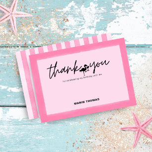Flamingo Tropical Pink Stripe Birthday Thank You Card