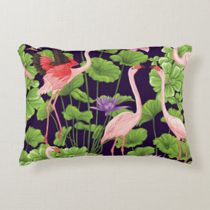 Flamingo, tropical plants, black background. accent pillow