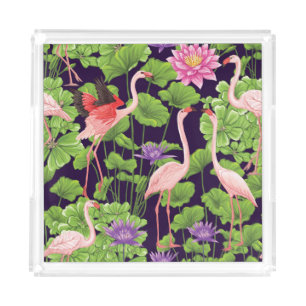 Flamingo, tropical plants, black background. acrylic tray
