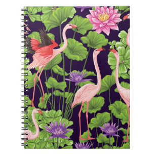 Flamingo, tropical plants, black background. notebook