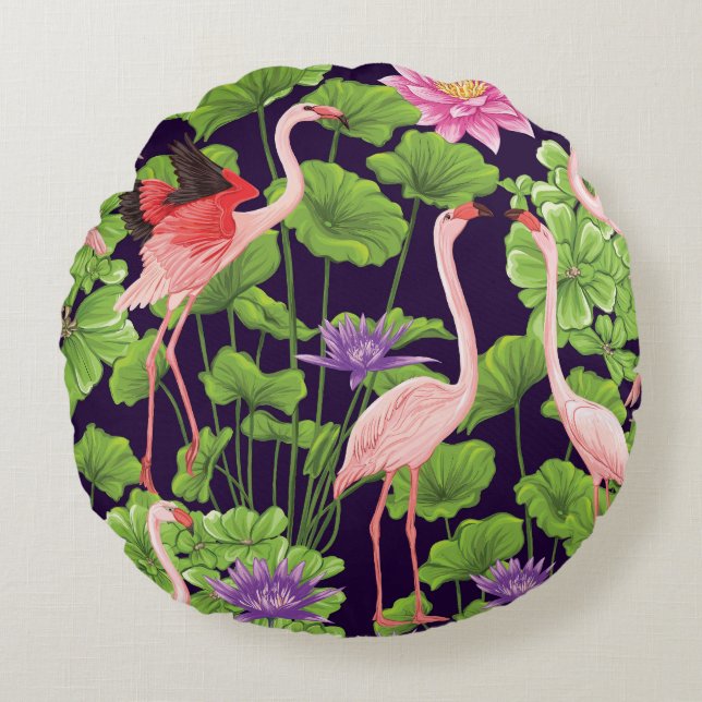 Flamingo, tropical plants, black background. round pillow (Front)