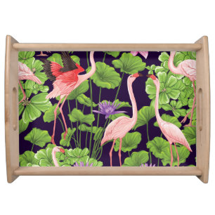 Flamingo, tropical plants, black background. serving tray