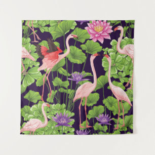 Flamingo, tropical plants, black background. tapestry