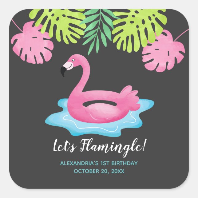 Flamingo Tropical Pool Party Favor Sticker (Front)