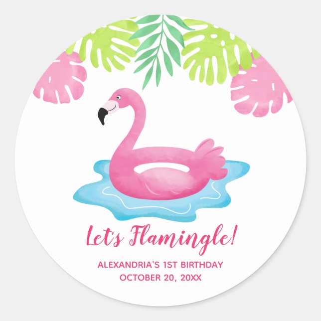 Flamingo Tropical Pool Party Favor Sticker (Front)