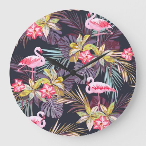 Flamingo Tropical Summer Seamless Pattern Large Clock