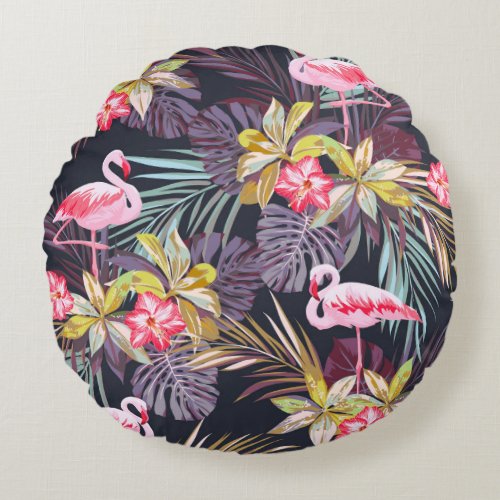 Flamingo Tropical Summer Seamless Pattern Round Pillow