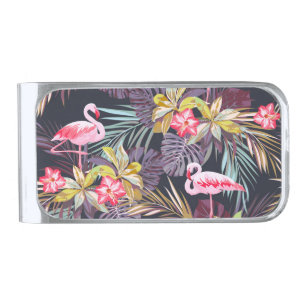 Flamingo Tropical: Summer Seamless Pattern Silver Finish Money Clip