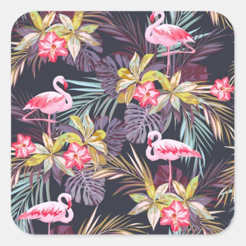 Flamingo Tropical Summer Seamless Pattern Square Sticker