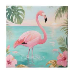 Flamingo Tropical Sunset Watercolor Ceramic Tile