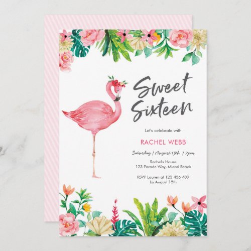 Flamingo Tropical Sweet 16 birthday invitation