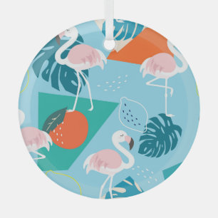 Flamingo Tropical, Trendy Vintage Pattern. Glass Ornament
