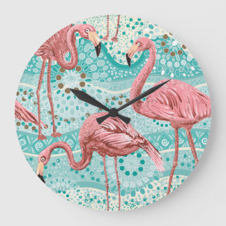 Flamingo Tropical: Vintage Floral Wallpaper Large Clock