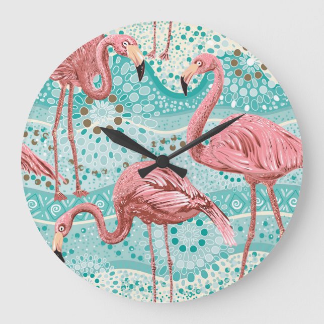 Flamingo Tropical: Vintage Floral Wallpaper Large Clock (Front)
