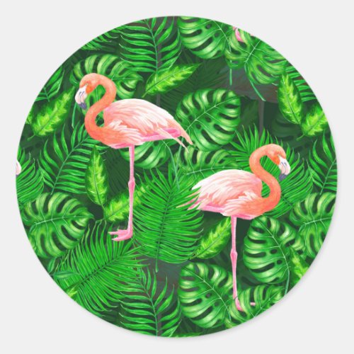 Flamingo tropical watercolor classic round sticker