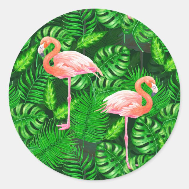 Flamingo tropical watercolor classic round sticker (Front)