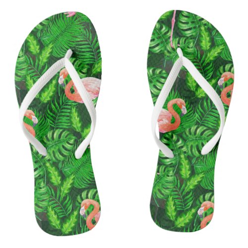 Flamingo tropical watercolor flip flops