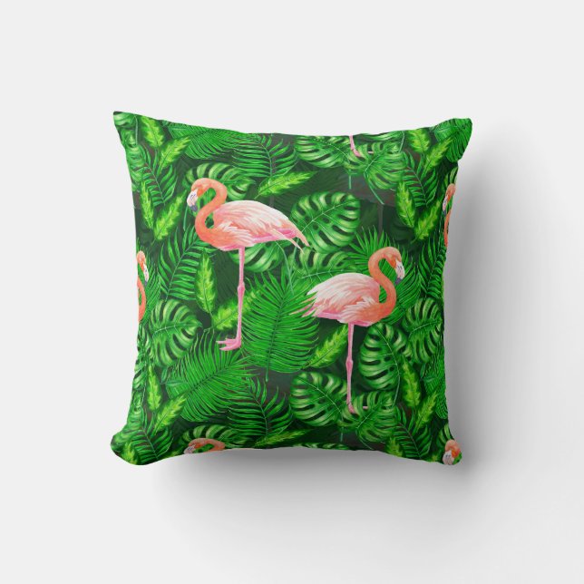 Flamingo tropical watercolor throw pillow (Front)