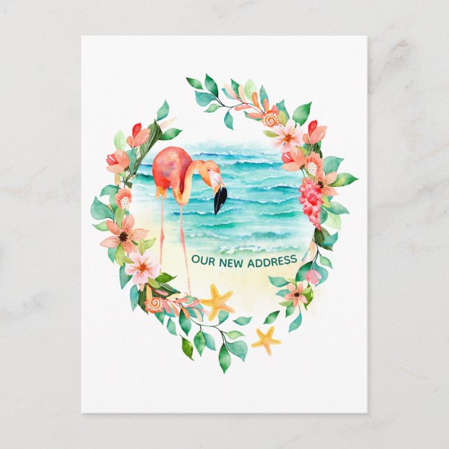Flamingo Tropical Wreath Beach Scene New Address Announcement Postcard (Front)