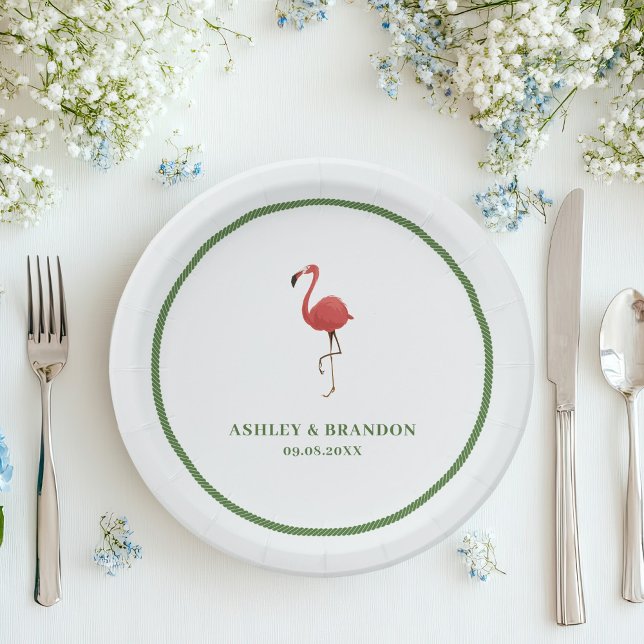 Flamingo Tropics Beach Coastal Retro Wedding Paper Plates (Creator Uploaded)