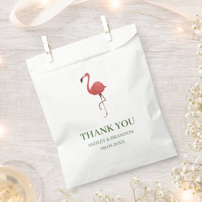 Flamingo Tropics Green and Pink Wedding Thank You Favor Bag (Clipped)