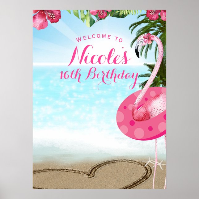 Flamingo Tropics Hibiscus Pink Chic Party Banner Poster (Front)