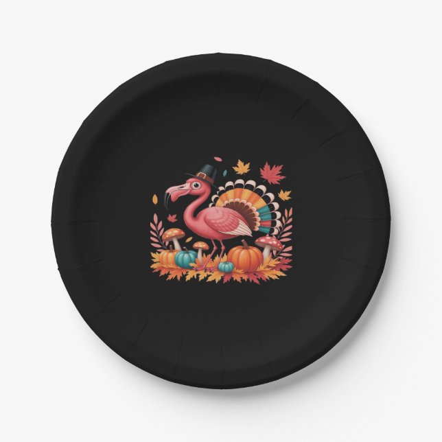Flamingo Turkey Cute Flamingo Turkey Fall Leaf Tha Paper Plates (Front)