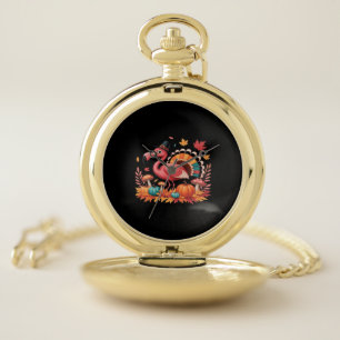 Flamingo Turkey Cute Flamingo Turkey Fall Leaf Tha Pocket Watch