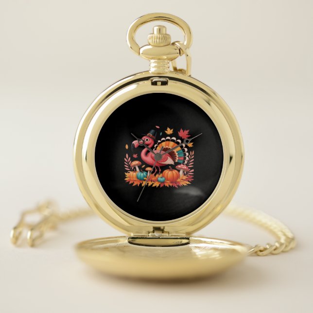 Flamingo Turkey Cute Flamingo Turkey Fall Leaf Tha Pocket Watch (Inside)